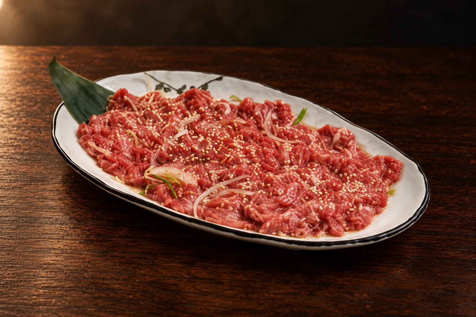 Barbecue Bœuf on a white oval plate, dark wooden table