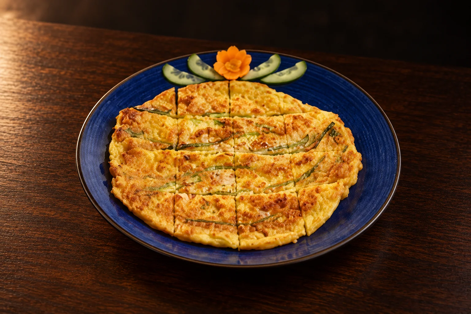 Seafood pancake on a round blue plate