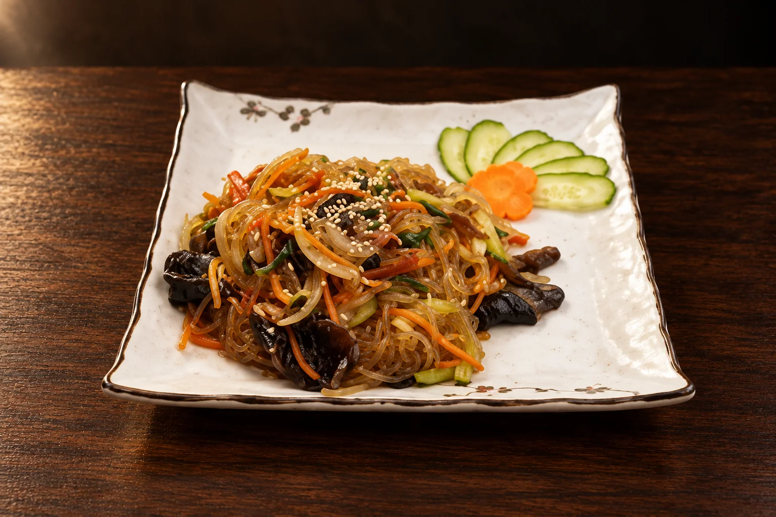 Japchae on a white square plate