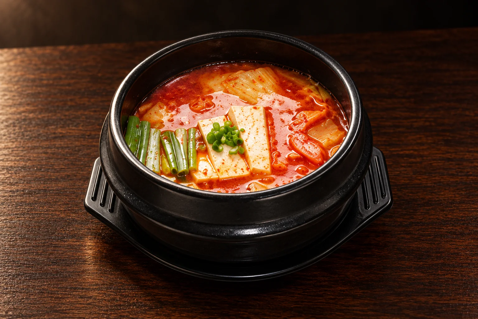 Kimchi stew in a small black earthenware pot