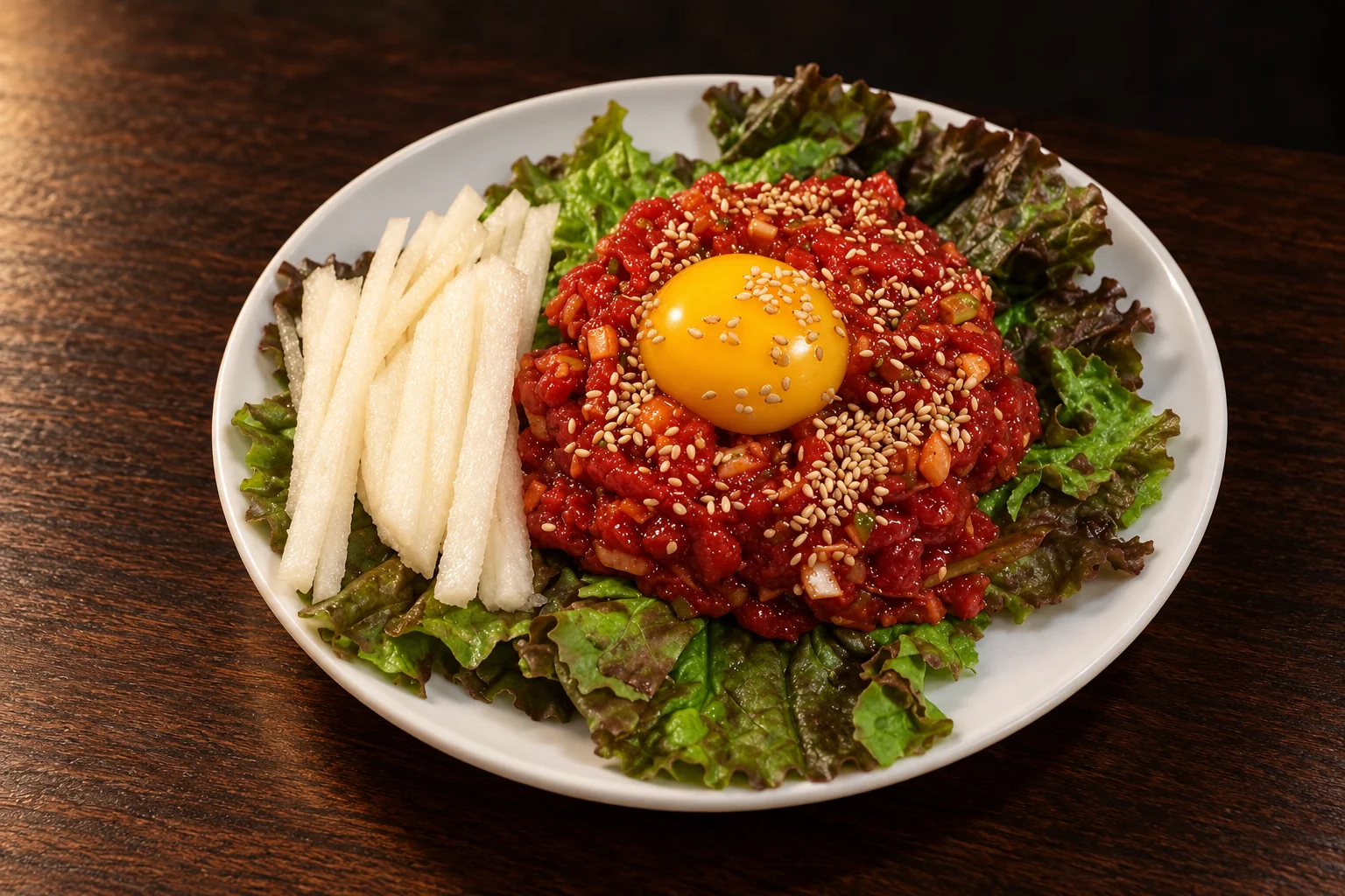 Korean steak tartare on a bed of lettuce, dark wooden table