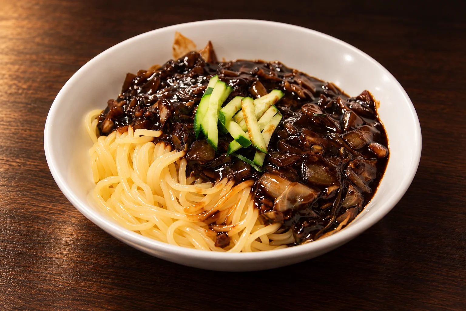 Jajangmyeon in a white deep plate