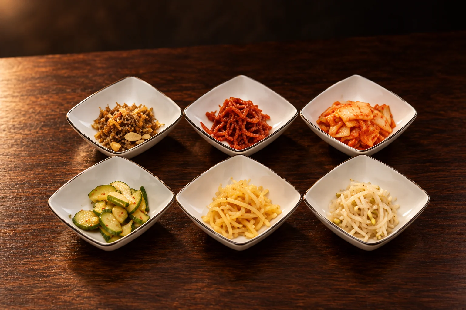 Assortiment de mets in small white square dishes
